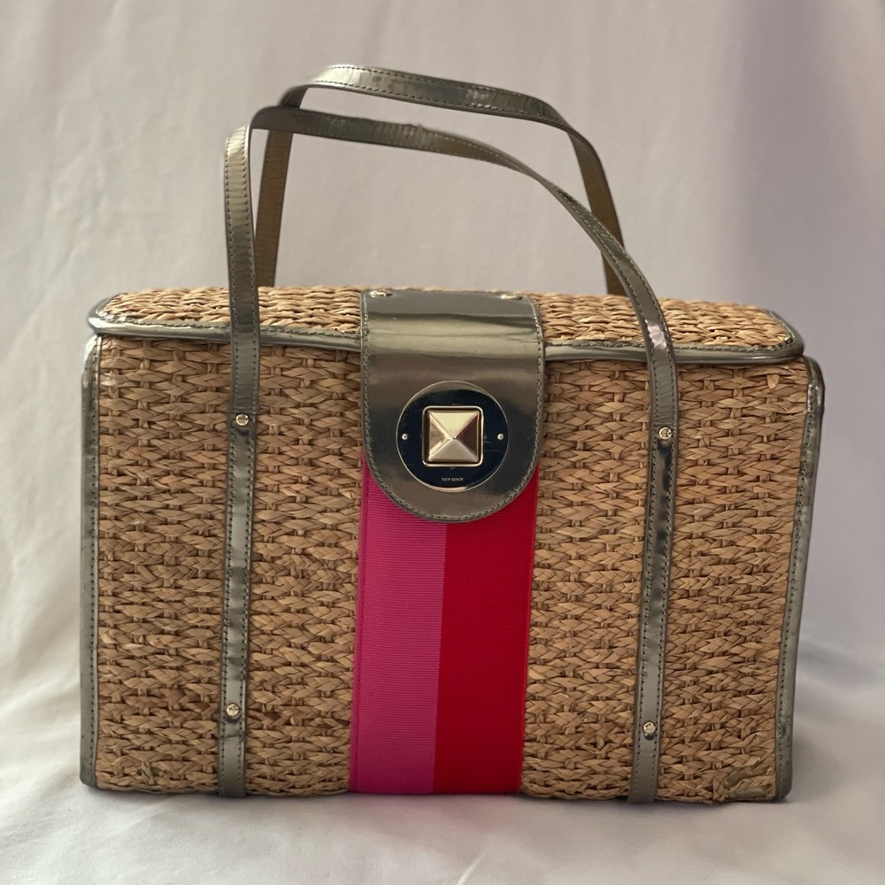 Kate Spade straw / wicker handbag with red & pink ribbon stripe